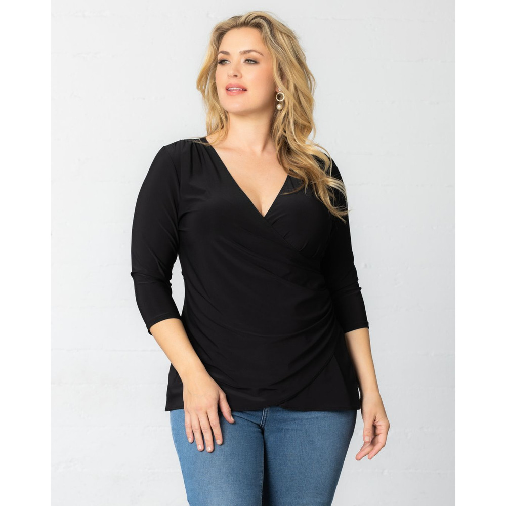 Kiyonna Black Top Femme Fatale Size 10 12 Faux Wrap Ruched Slimming Packable